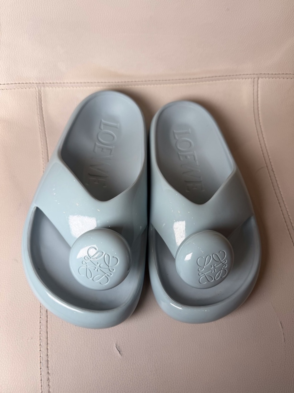 Loewe Pale Blue Embossed Logo Slide Sandals